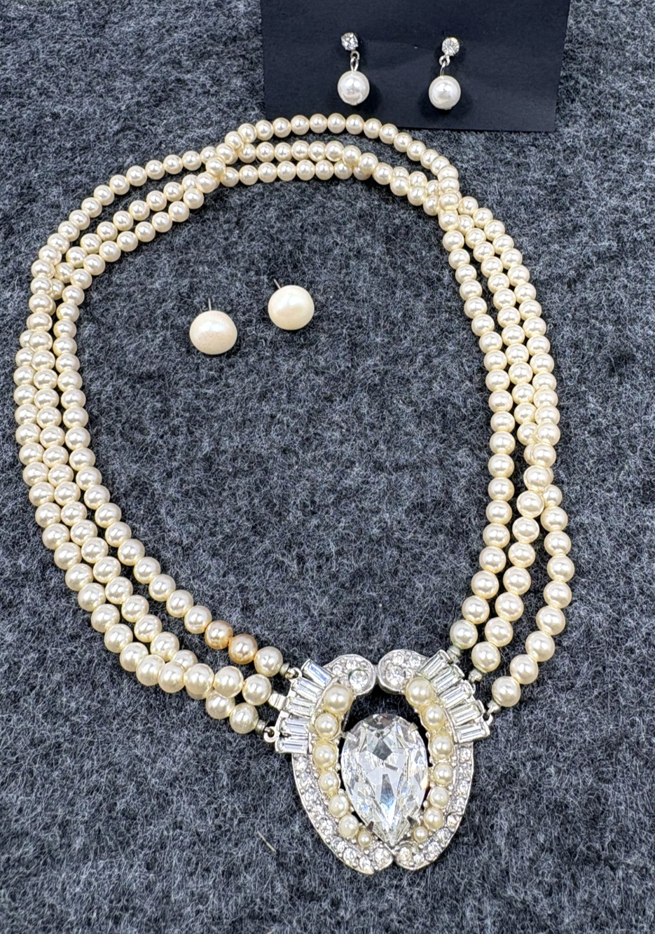 Vintage 3 Strand Faux Pearl Choker Necklace 15" Large Rhinestone Clasp Earrings
